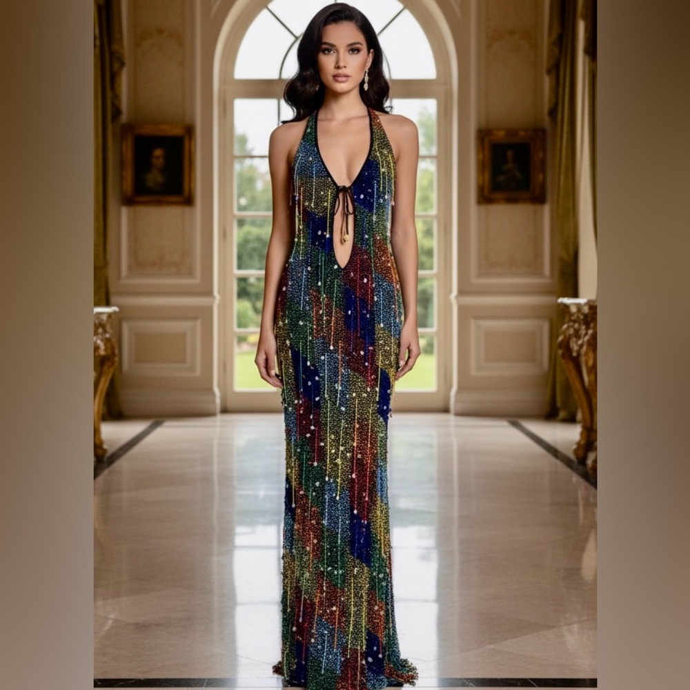 Multicolor hand beaded very‎ detailed Attitudes by Debra Sequin Dress